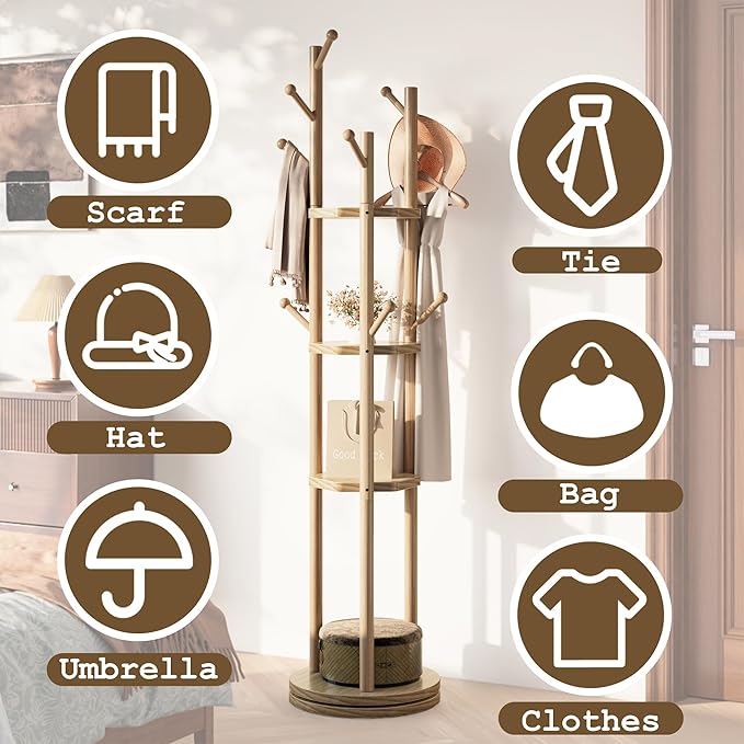 Solid Wood Coat Rack Freestanding, Rotating Coat Rack with 3 Shelves and 9 Hooks, Coat Tree for Bedroom, Entryway, Livingroom, Coat Hanger Stand for Coats, Scarves, Handbags (Natural)