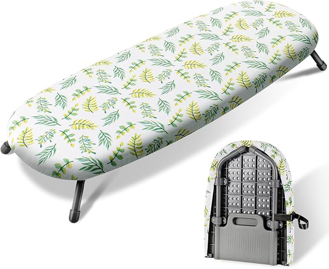 SheeChung Small Ironing Board 12"x32",Table Top Mini Ironing Boards with Heat Resistant Cover and Pad,Foldable Tabletop Ironing Board with Non-Slip Feet for Dorms Travel Use,Leaf