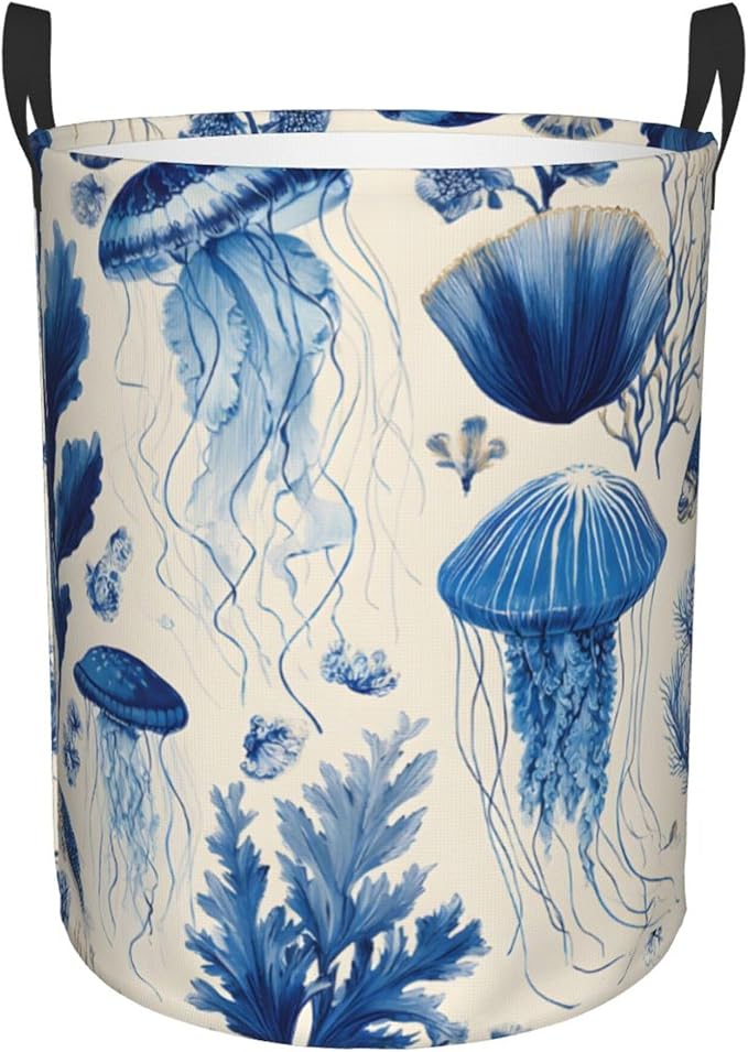 Blue Jellyfish Pattern Laundry Hamper, Collapsible Storage Basket with Handles for Clothes, Bedroom, Bathroom 19.6 x15.7 Inch