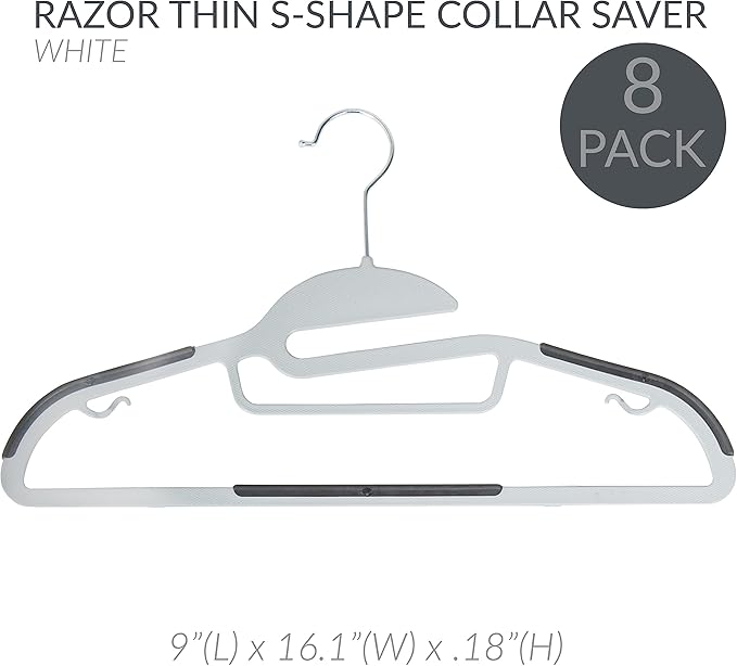 Simplify 24 Pack Ultimate Hanger | S-Shape Collar Saver | Ultra-Thin | Non-Slip | Accessory Bar | Belts | Scarves | Ties | Tank Top | Closet Organization | White