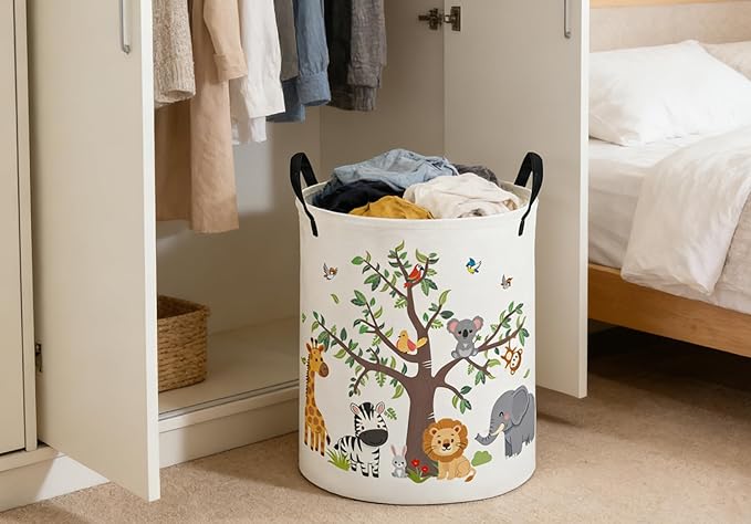 ESSME Kids Laundry Basket,Animal Hamper Collapsible Canvas Waterproof Storage Bin foBoys, Cute Hamper,Gift Baskets(Tree animal)
