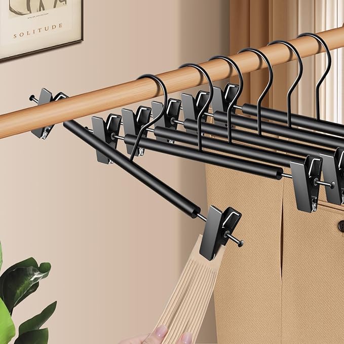 Wooden Pants Hangers with Clips 14Inch 20 Pack Adjustable Wood Skirt Hangers for Women&Men Space Saving Closet Non Slip Clothes Hanger for Jeans,Trousers,Short,Black