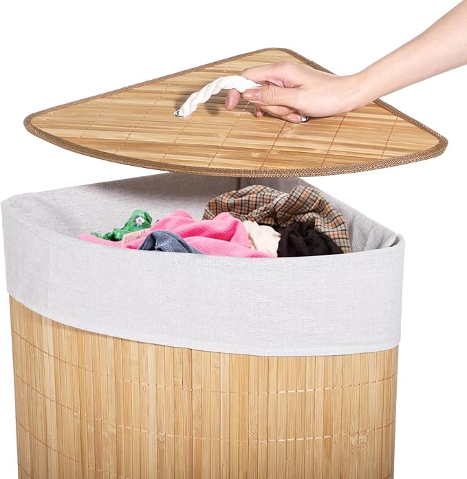 Corner Laundry Hamper with Lid, Foldable Triangle Clothes Hamper, Natural Wood Weave Laundry Basket Bin for Bedroom Bathroom Laundry Room, 25 x 18 in