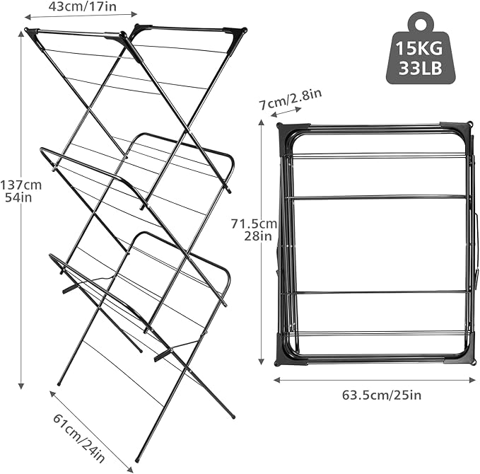 Foldable Clothes Drying Rack | Portable Collapsible Laundry Drying Rack | Use for Indoor & Outdoor | Space Saving | Black 54"x24"x17" | Easy to Assemble