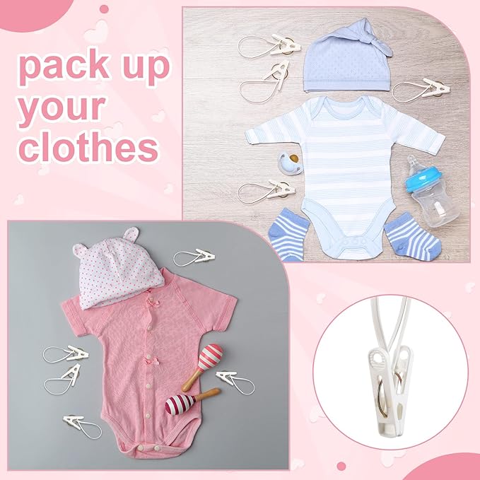 Honeydak 30 Pack Multi-Purpose Laundry Hooks Hanging Clips Bulk with Plastic Rope Hanger Clips for Baby Clothes Closet Organizer for Pants Hat Sock Boot Bra Towel Bathroom Wardrobe (White)