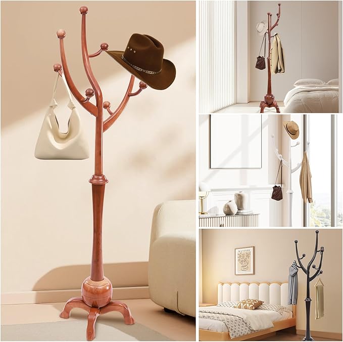 Coat Tree Freestanding Wood Tree Rack, Heavy Duty Creative Design Tree Branch-look Coat Rack Stand with 8 Hooks and Stable Sphere Base for Entryway, Hallway, Bedroom-Load 110lbs (Teak)