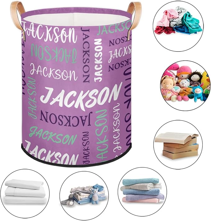 Custom Name Large Laundry-Basket for Kids-Boys-Girls, Personalized Foldable Waterproof Laundry Hamper Dirty Clothes Toys Storage Bin with Handles,Purple