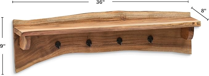 Alaterre Furniture Alpine Natural Live Edge Wood Coat Rack – 36" Solid Wood Wall-Mounted Coat Hook with Top Shelf & 4 Hooks – Modern Farmhouse Storage Organization for Entryway, Hallway, or Mudroom