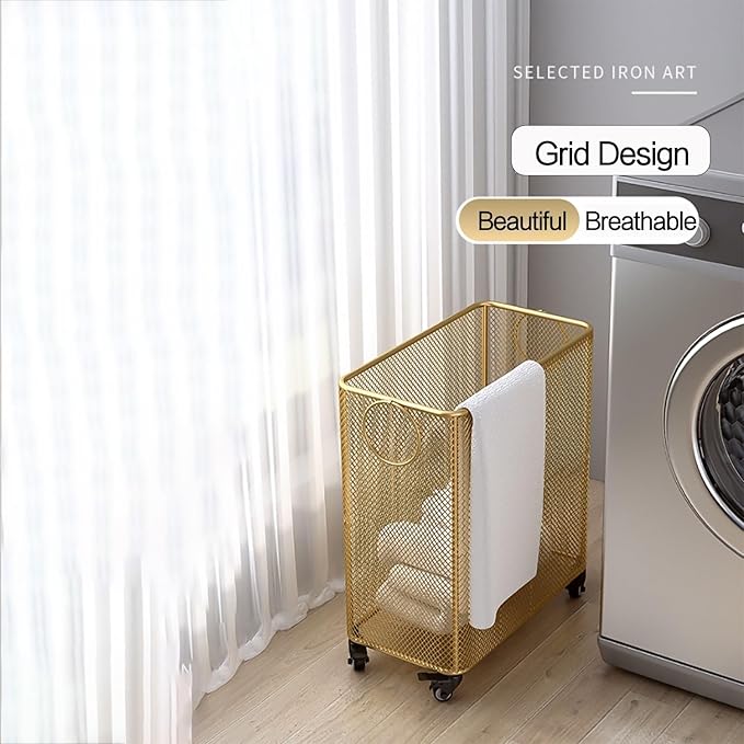 Gold Metal Basket with Wheels - Rolling Laundry Hamper Cart - Yoga Mat Storage Rack - Wire Basket with Wheels