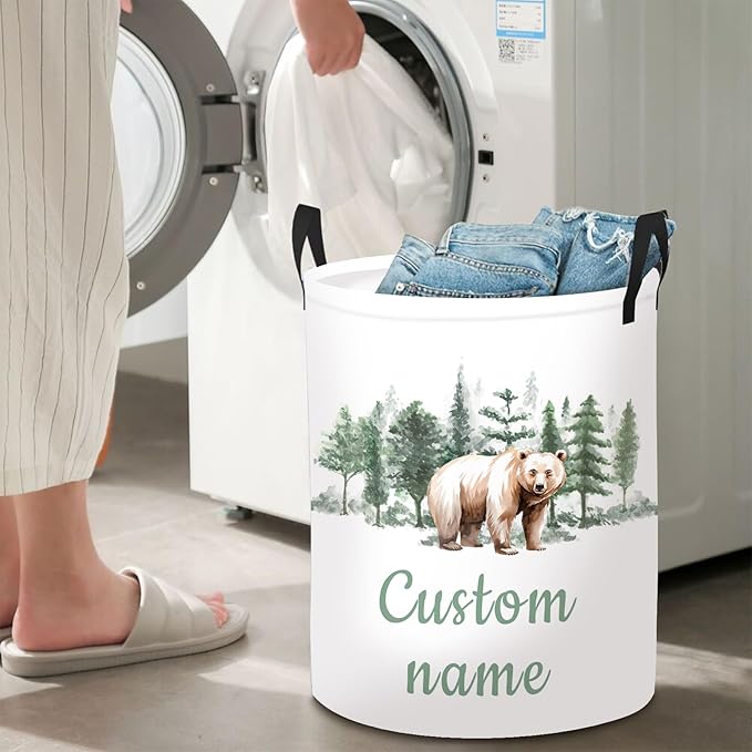 Personalized Woodland Bear Laundry Basket for Kids, Custom Name Baby Laundry Hamper for Nursery, Customize Baby Name Laundry Basket, Waterproof Storage Organizer 2 Sizes