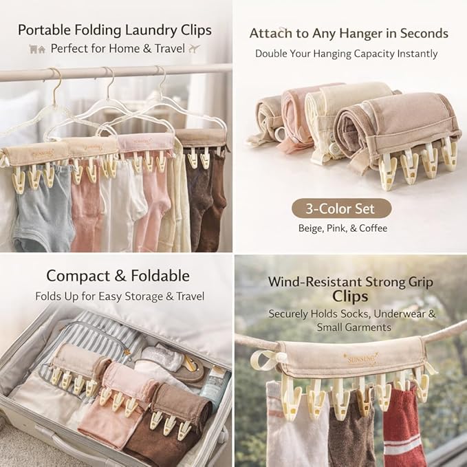 FOLAI 3-Pack Portable Fabric Products Travel Hangers Foldable Suitcase Clothespin Small Clothes pin Rack with 6 Clips（Starry Sky Design）