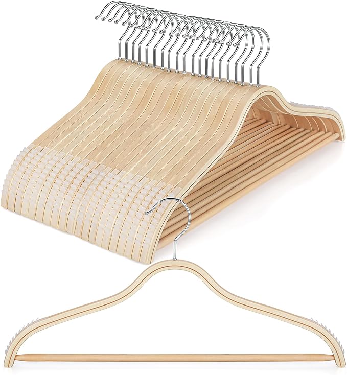 TOPIA HANGER Sleek Wooden Hangers with Non-Slip Rubber Grips, Sweater Hangers No Shoulder Bump, Lightweight Clothes Hangers 20-Pack, 360° Swivel Hook and Pants Bar-CT63N20