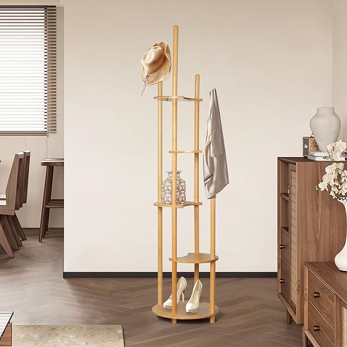 Bamboo Coat Rack Freestanding with 5-Tier Shelf, Coat Hanger Stand for Clothes/Bags/Hats, Home Office Hallway Entryway Storage Display Rack Stand with 4 Hooks 5 Storage Shelves
