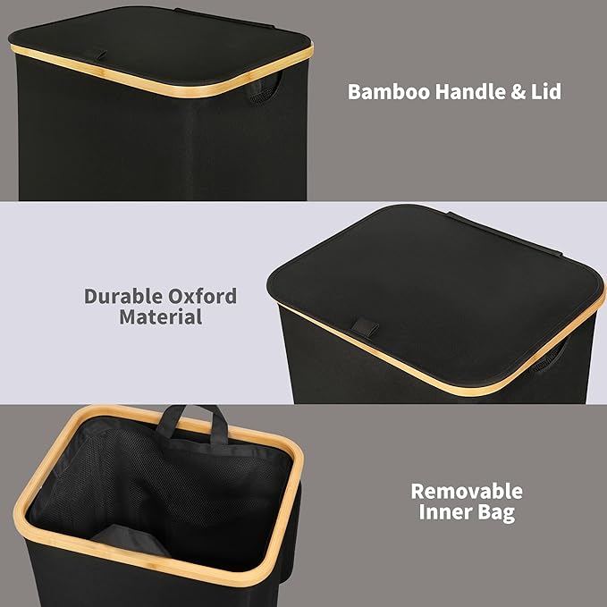 efluky Laundry Basket with Lid and Removable Bag, 100L Tall Laundry Hamper with Bamboo Handles, Aesthetic Dirty Clothes Bin for Laundry Room, Bathroom, Bedroom and Dorm, Black