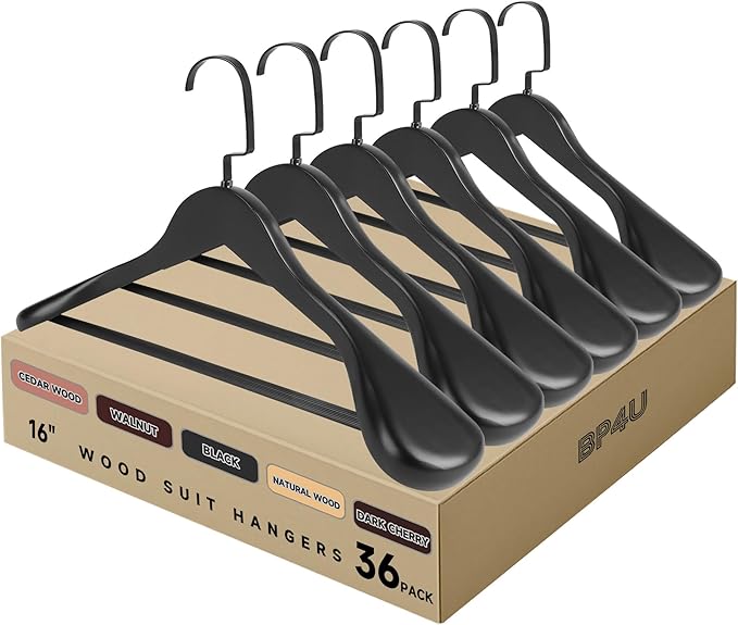36-Pack Premium Wide Shoulder Wooden Suit Hangers, 16" Heavy-Duty Solid Wood Coat Hangers with Pant Bar for Women's Heavy Garments, Blazers, Jackets (Black)