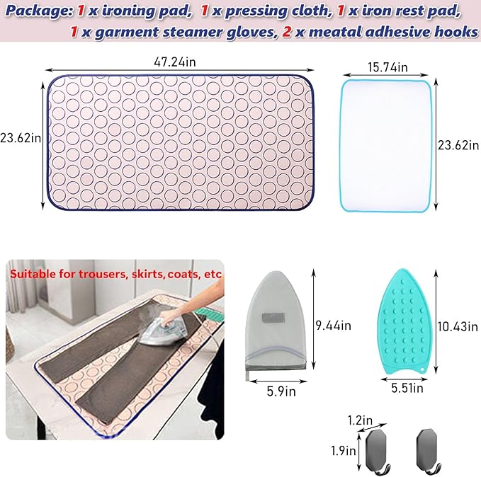 Portable Ironing Mat for Table Top Large Over The Door Steamer Pad for Clothes Counter Ironing Board Heat Resistant Iron Mat Travel Steam Board 47.2x23.6in