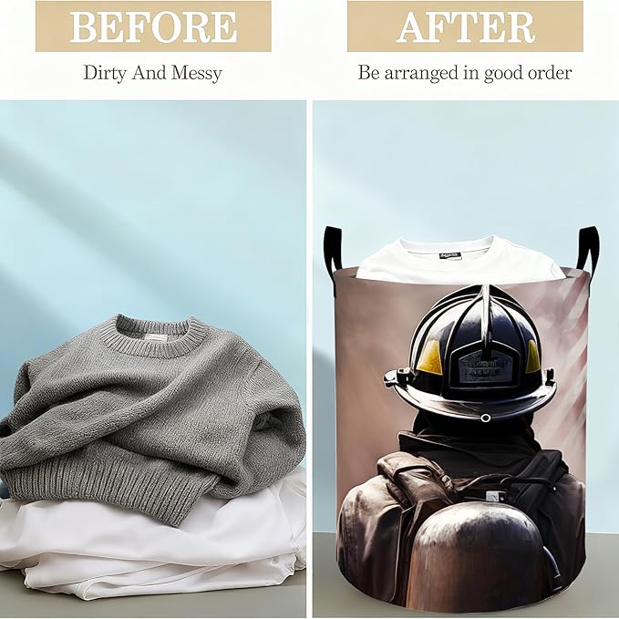 Firefighter Laundry Basket Hamper for Boys Girls Kids Adults, Foldable Waterproof Oxford Clothes Storage Bin, Patriotic Organizer for Bedroom Bathroom Room Decor 19.7"x15.8"