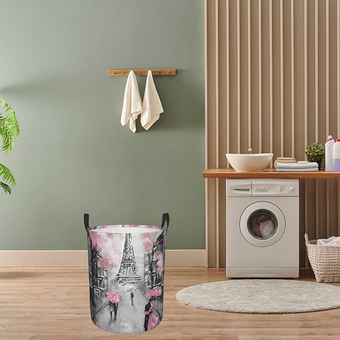 Dujiea Eiffel Tower Pink Lovers in Paris Laundry Basket Round with Handle, Collapsible Foldable Canvas Storage Bin Dirty Clothes Bag for Laundry/Toys Organizer/College Dorm/Nursery/Decor(2 Sizes)