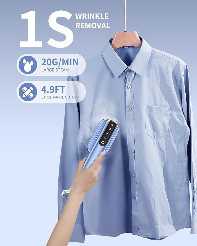 MIYOKO 2-in-1 Portable Steamer for Clothes, 1200W, 15s Fast Heat-Up, 280ml Two Water Tanks Travel Handheld Garment Steamer, Upgraded 4 Steam Iron Modes for All Fabrics, Only for 110-120V, Blue Gold