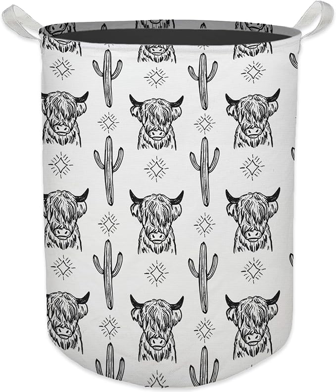 Western Laundry Basket, Retro Highland Cow Cactus Collapsible Laundry Hamper - Waterproof, Dirty Clothes Storage Bin - Perfect for Bathroom, Bedroom, Home Decor