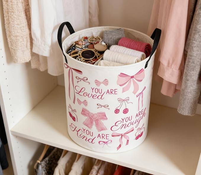 ESSME Kids Laundry Basket,Pink Hamper Collapsible Canvas Waterproof Storage Bin for Girls, Cute Hamper,Gift Baskets(bow)