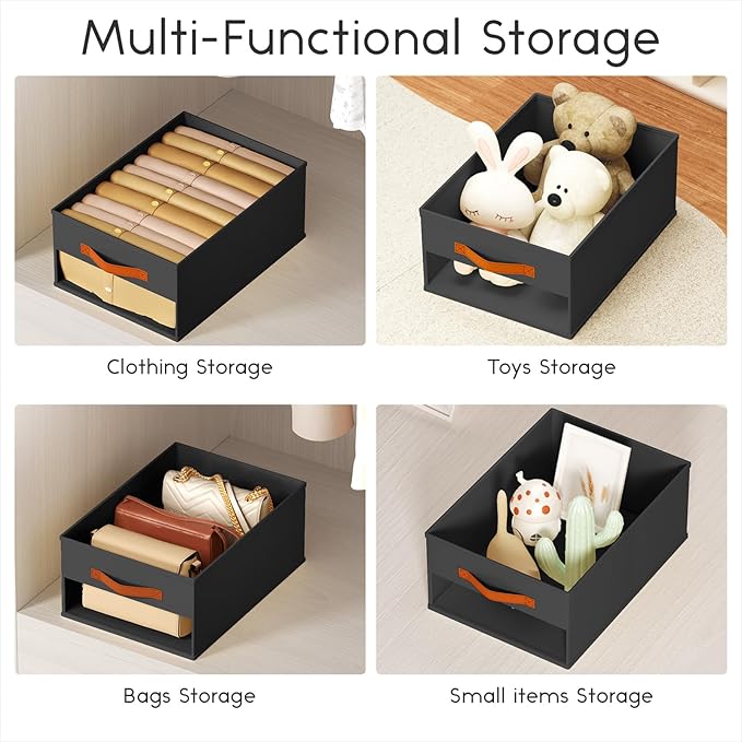 Drawer Organizers and Storage - 12 Pack Foldable Pants Organizer with Clear Window & Handles, Fabric Closet Organizer for Clothes, Jeans, Sweaters, Towels, T-shirt, Scarf (Black)