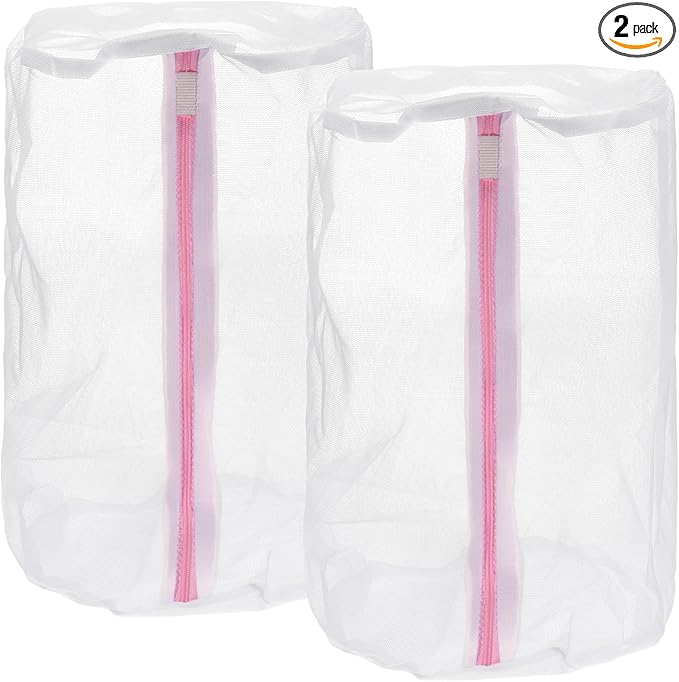 uxcell 2Pcs Shoes Washing Bag, 8.7 x 13 Inch Cylinder Fine Mesh Laundry Bags for Washing Machine Wash Sneakers, Slippers, Delicate, Underwear, White/Pink