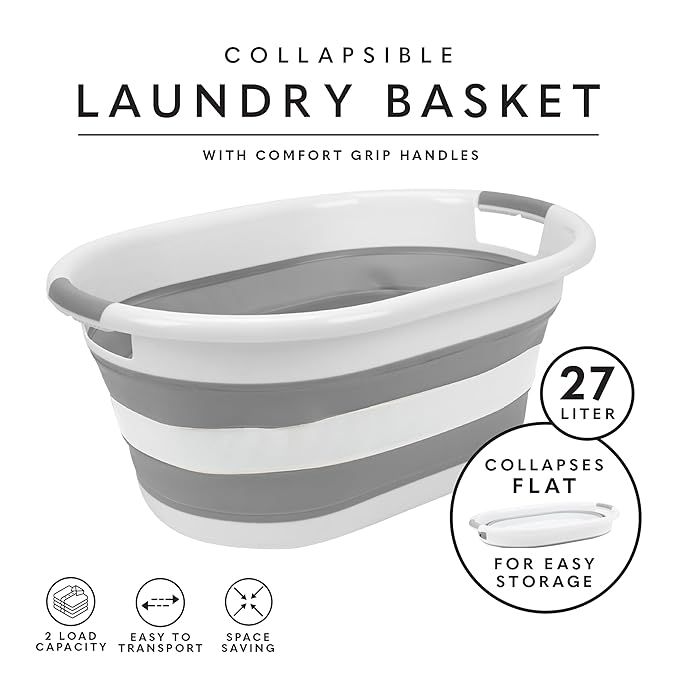 2pk Collapsible Laundry Basket | Portable | Space Saver Storage | Hold 2 Loads | Store Under the Bed or Closet | Good for Kids | Dorm | Bedroom | Large | White/Grey