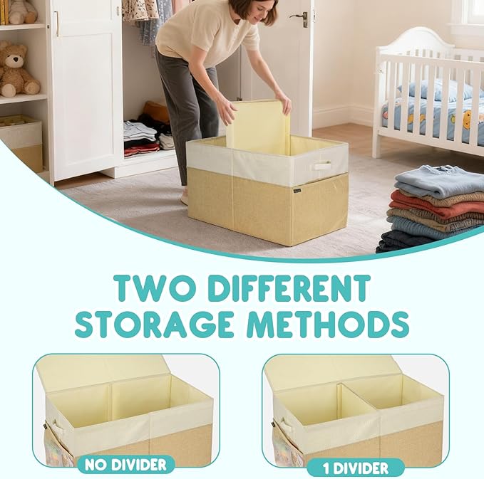 BALEINE Fabric Storage Bins with Lid, Collapsible Extra Large Storage Boxes Bins Baskets with Divider for Home Organizing (25"x13"x16", Grey&Beige)