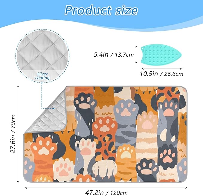 susiyo Cute Cat Paws Ironing Pad Mat, Ironing Board Covers, Portable Travel Ironing Blanket for Top of Washer, Dryer, Table Top, Countertop 47.2"X 27.6"