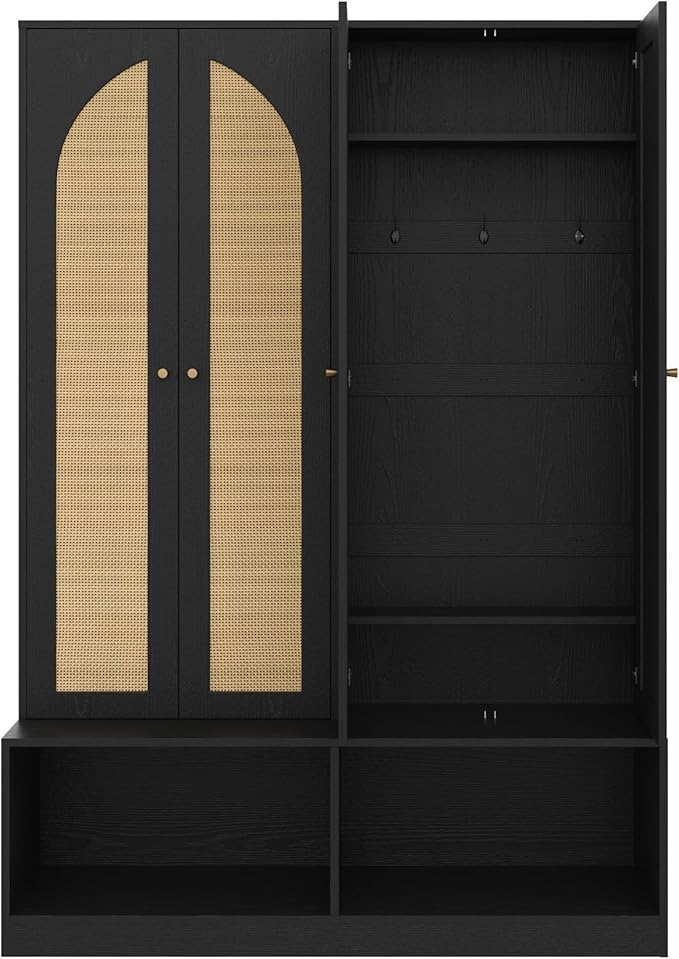 Bohemian Farmhouse Widen Hall Tree with 4 Rattan Doors, Versatile 4-in-1 Hall Tree, Mid-Century Entryway Shoe Cabinet with Adjustable Shelf and 6 Hooks, Seating Bench for Living Room