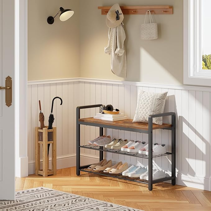 HOOBRO Shoe Bench, 3-Tier Shoe Rack Entryway Bench, 29.5" L Shoe Storage Bench with Metal Handles, Industrial Shoe Organizer for Hallway, Space Saving, Mesh Shelves, Rustic Brown and Black BF32HX01