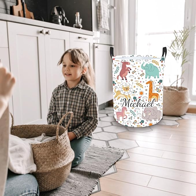 Custom Baby Girl Laundry Basket with Name, Personalized Woodland Animals Laundry Basket for Kids, Customize Name Laundry Hamper Storage Organizer for Nursery 2 Size Baby Gift
