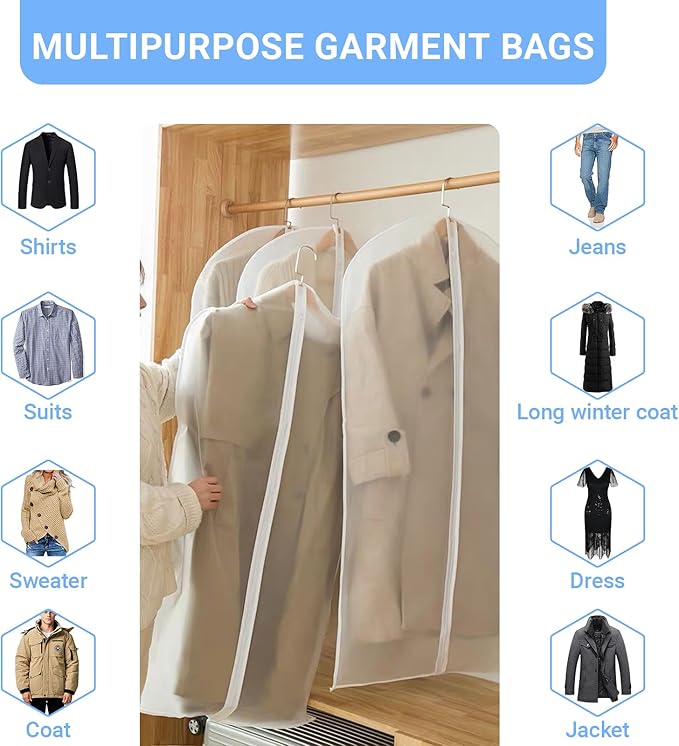 Garment Bags for Hanging Clothes (24''X48'' Set of 12) Suit Bags for Closet Storage Plastic Waterproof Suit Cover Bags with Zipper for Suit, Sweaters, Coat Protector Travel Closet Clothing