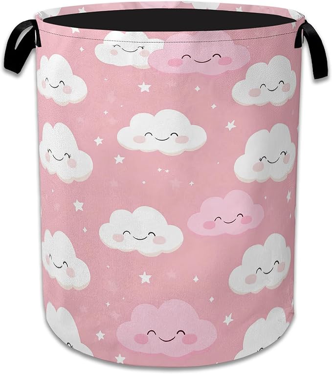 Pink Cloud Laundry Basket Oxford Cloth Laundry Hamper With Handle, Foldable Portable Clothes Storage Baskets for Bathroom, Bedroom, Dormitories 16" X 20.8"