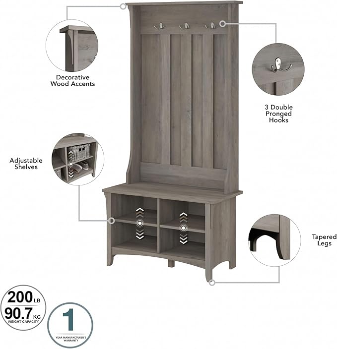 Bush Home Salinas Hall Tree with Shoe Storage Bench in Driftwood Gray, Multi-Purpose Home Organizer, Entryway Solution with Seating and Hooks