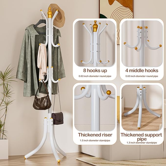 Free-Standing Coat Rack Metal Stand Hanger 12-Hooks Organizer, Hall Tree Entry-Way Furniture for Hanging Up Jacket, Hand-Bag, Cloth, Hat, Winter Scarf Holder for Home or Office Floor White