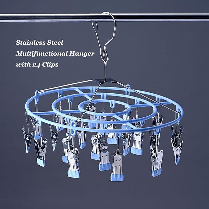 Stainless Steel Clothes Sock Drying Rack with 24 Clips, Swivel Hook Windproof Clothes Hanger Rack for Sock, Bras, Towel, Underwear, Laundry Clothes, Hat, Scarf, Pants, Gloves (Blue Clips)
