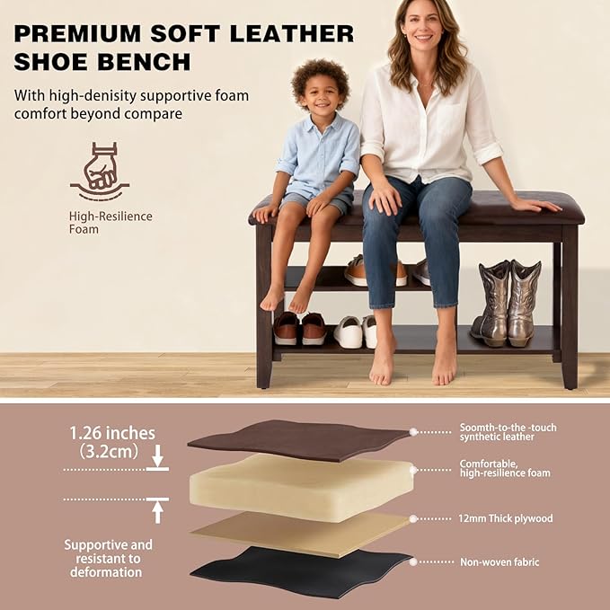 PY HOME & SPORTS Shoe Rack for Entryway 31.5": 2-Tier Shoe Storage Bench, Adjustable/Removable Shelves, Rubberwood Shoe Benches for Hallway, Porch, Bathroom, Brown