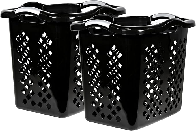 black laundry basket,plastic laundry basket with handles,Dirty Clothes basket for Bathroom, Apartment, or Dorm Room,Black,2 bushel, 2 pack