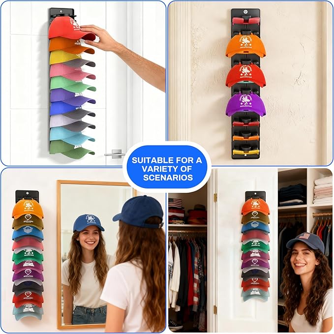 Hat Organizer for Baseball Caps, 2 Pack Hat Rack for Wall Door Closet Hold Up to 20 Hats, Spring Clip Hat Holder On Wall, Wall Mounted Hat Rack for Door Closet Bedroom (Adhesive or Screw Mount)