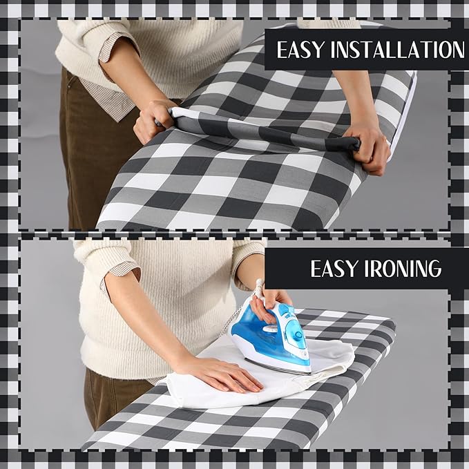 Tegeme Ironing Board Cover and Pad 15 x 54 Inch Cotton Thick Padded with Elastic Edge and Hook and Loop Laundry Room Decor Fits Standard Size (Buffalo Check)