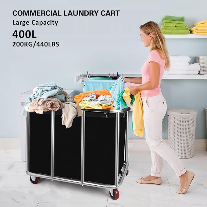 Commercial Laundry Cart with Wheels,Industrial Laundry Cart 11.35 Bushel(400L),Commercial Laundr Basket with Stainless Steel Frame and Oxford Cloth,440LB Load