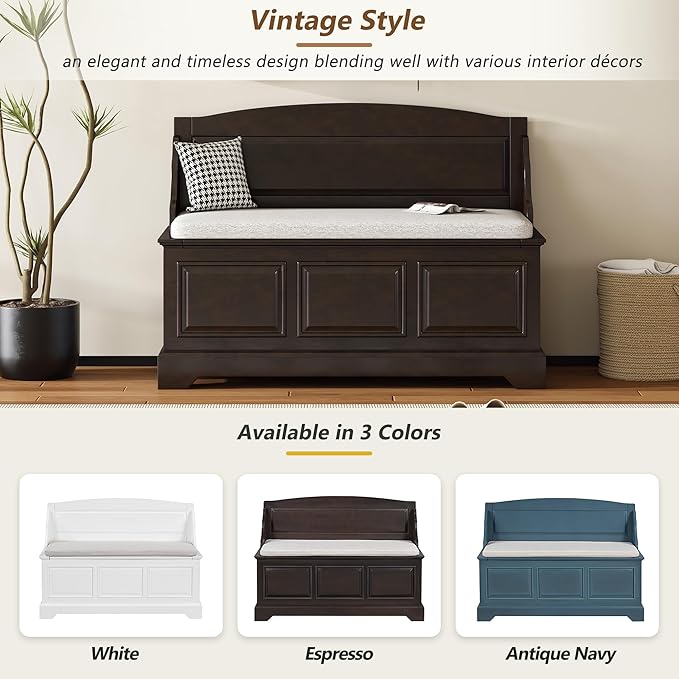 LUMISOL Shoe Storage Bench with Cushion, Farmhouse Entryway Bench with Soft-Close Devices and Hidden Storage, Upholstered Storage Ottoman for Living Room, Entryway, Bedroom, Espresso