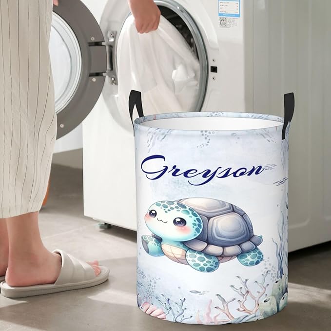 Personalized Turtle Laundry Basket For Baby Kids Boys Girls Adult Custom Hamper Basket With Name For Bathroom Bedrooms Collapsible Baby Laundry Basket, Dirty Clothes Hamper With Handles