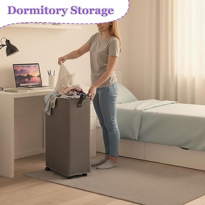 Slim Rolling Laundry Basket with Wheels, 42L Narrow Laundry Hamper with Mesh Drawstring Cover & Handles, Collapsible Dirty Clothes Bin for Small Spaces, Dorm, Apartment, Bathroom, Dark Grey
