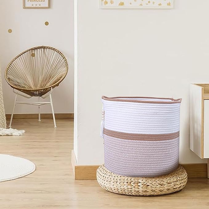 Large Woven Rope Laundry Hamper, Cotton Rope Storage Basket with Handles, Multipurpose Storage Basket for Laundry, Toys, Blankets in Bedroom, Bathroom, Living Room - Stylish & Durable (Brown, 55L)