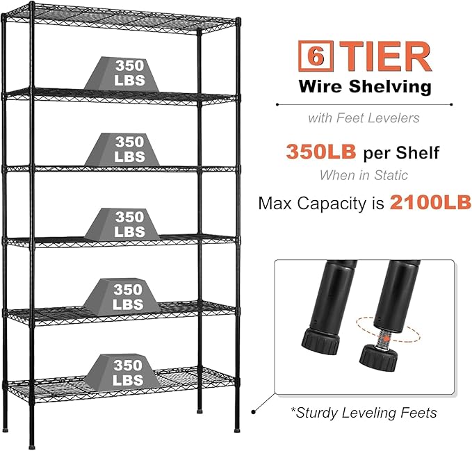 YRLLENSDAN 6 Tier Shelf Heavy Duty Metal Shelving Unit with Wheels, Adjustable Wire Storage Shelves 2100LBS Capacity, Garage Shelving for Pantry, Kitchen, Closet, Black, 18" D x 48" W x 82" H