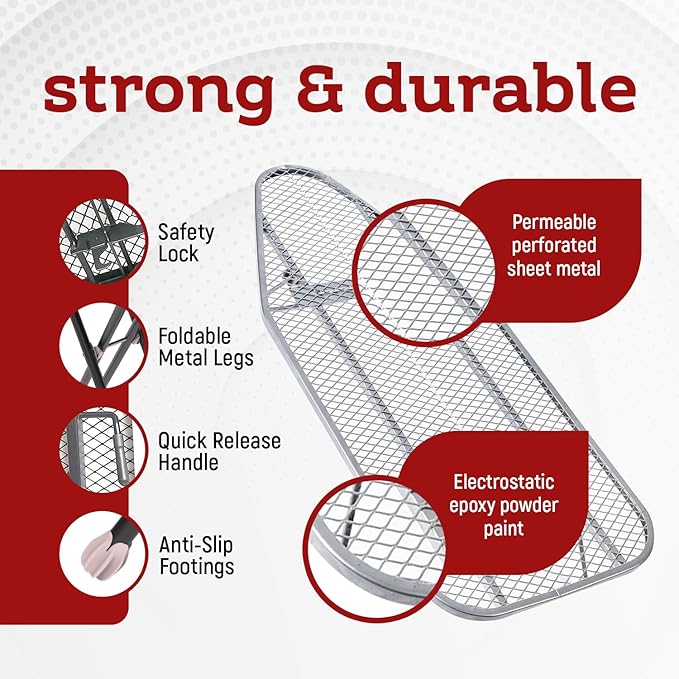 Perilla Big Ironing Board - Durable, Vapor Permeable, and Height Adjustable Iron Board- Heat Resistant Fabric - Metal 4 Legs with Silicone Stoppers - 38 X 110 CM Ironing Surface