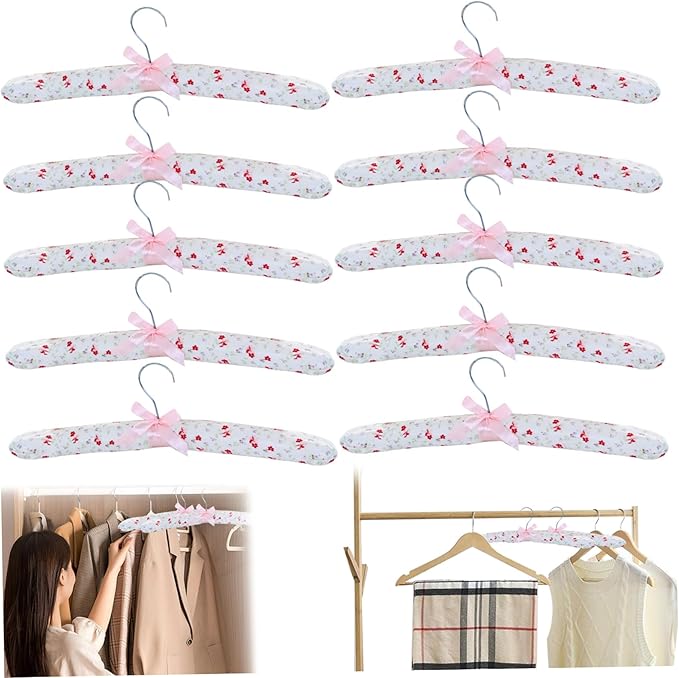 Padded Coat Hangers Padded Hangers Flower Satin Padded Clothes Hangers Soft Sweater Hangers Padded Hangers for Clothes Shirt Blouse Lingerie 10PCS, 15 inch.